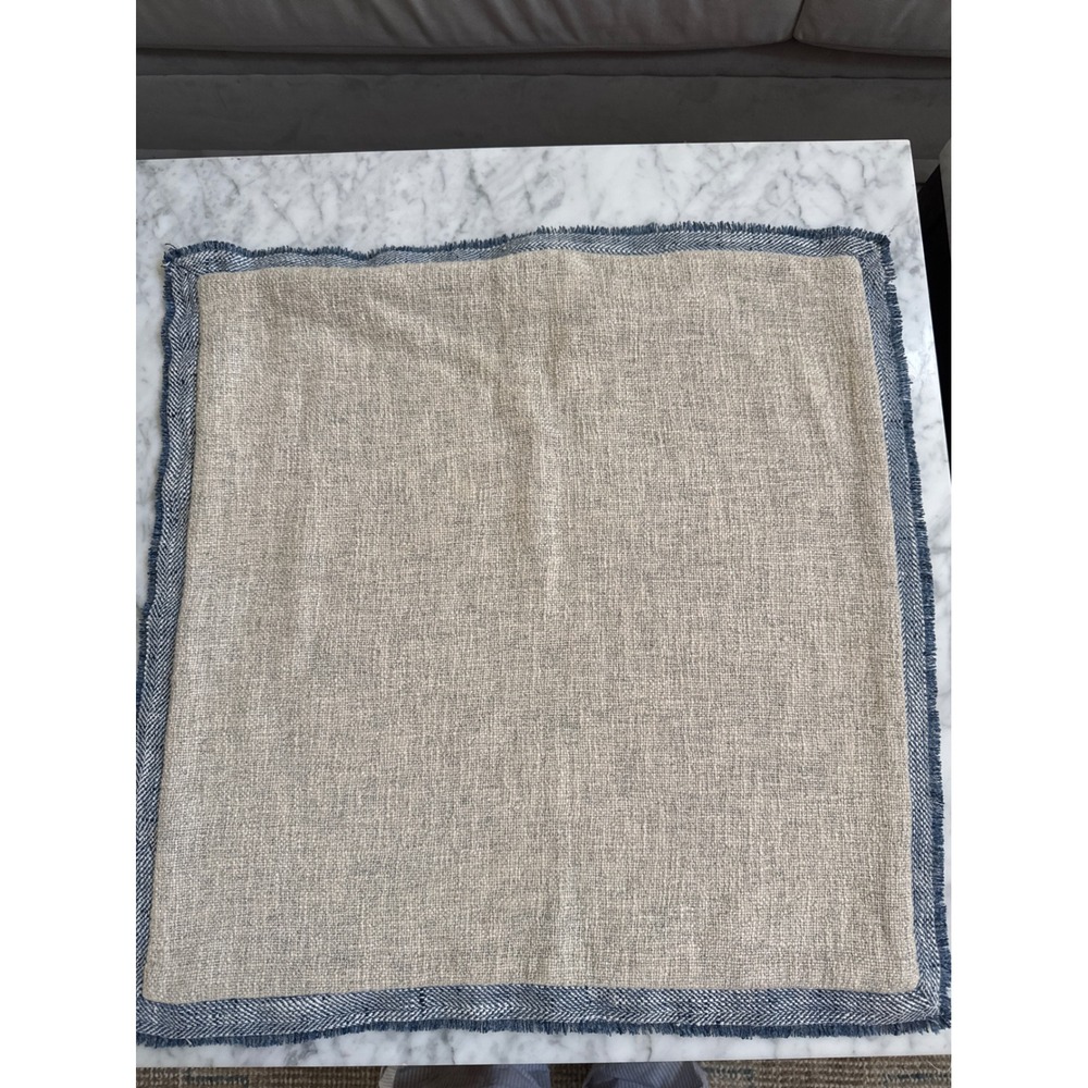 Woven Beige Square Pillow Cover Blue Herringbone Fringed Border 1405